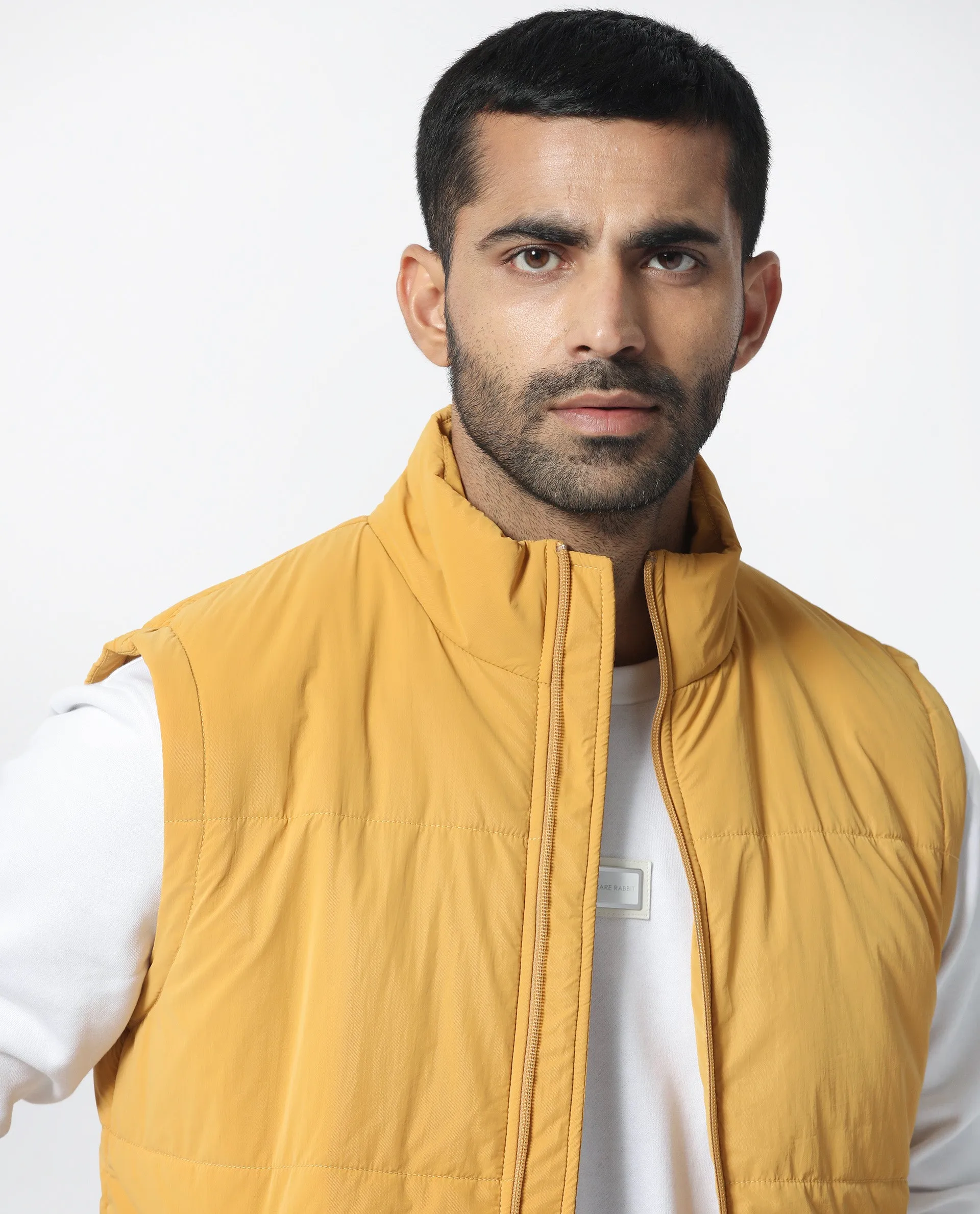 Rare Rabbit Men's Colson Yellow Jacket Quilted High Neck Sleeveless Puffer Jacket