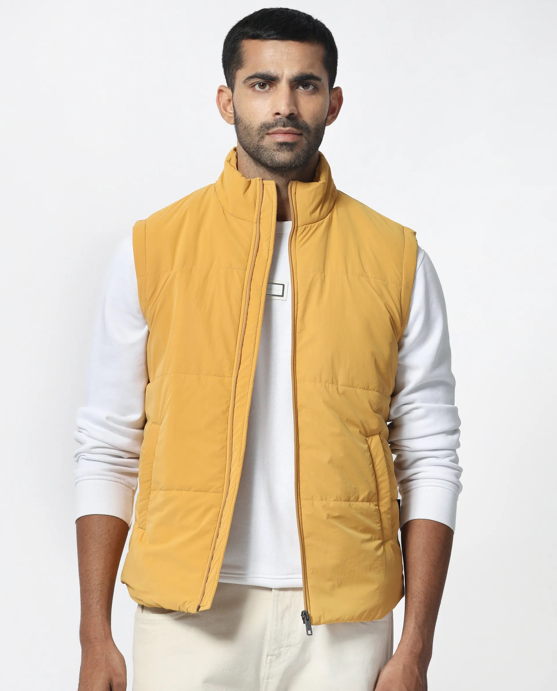 Rare Rabbit Men's Colson Yellow Jacket Quilted High Neck Sleeveless Puffer Jacket
