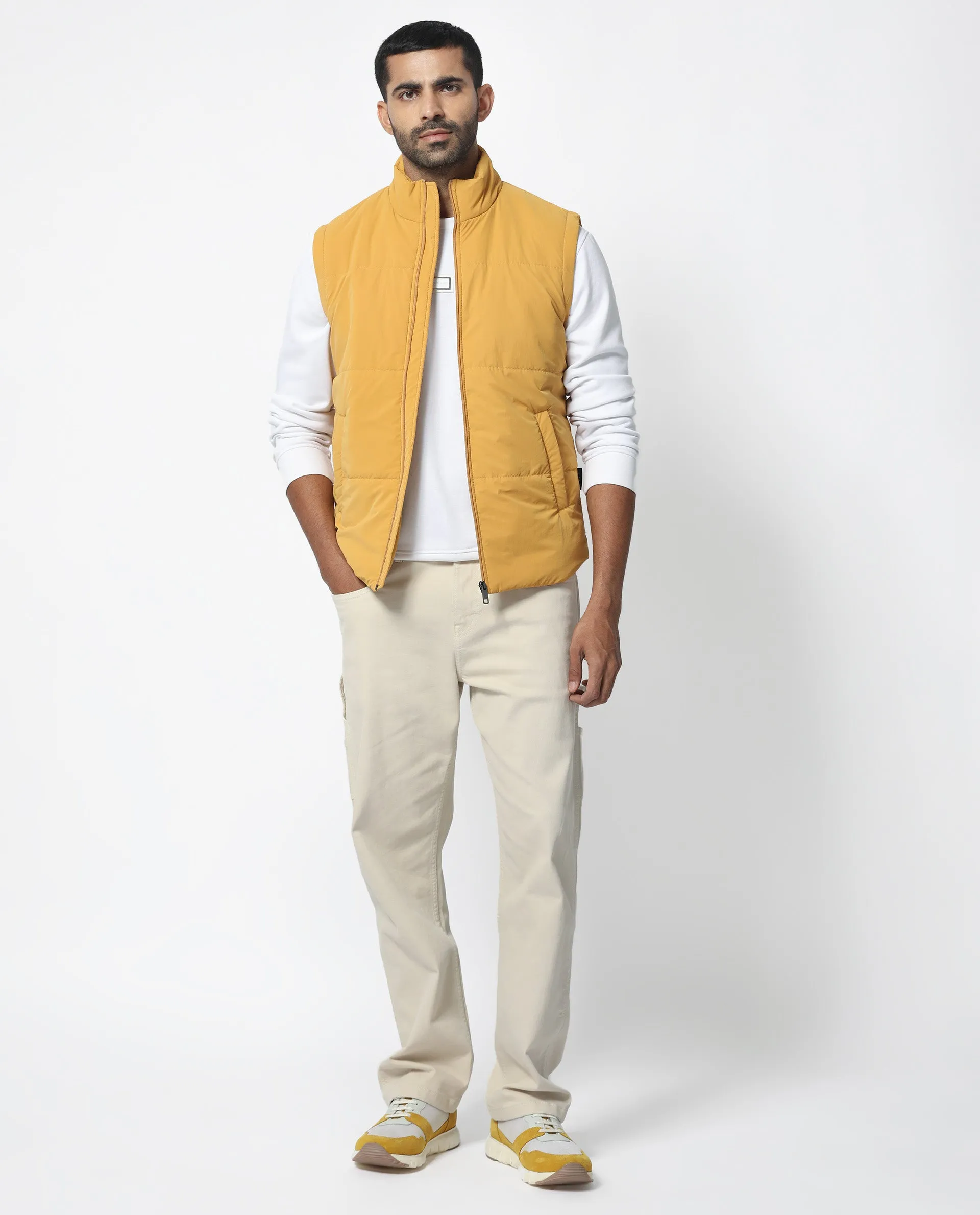 Rare Rabbit Men's Colson Yellow Jacket Quilted High Neck Sleeveless Puffer Jacket