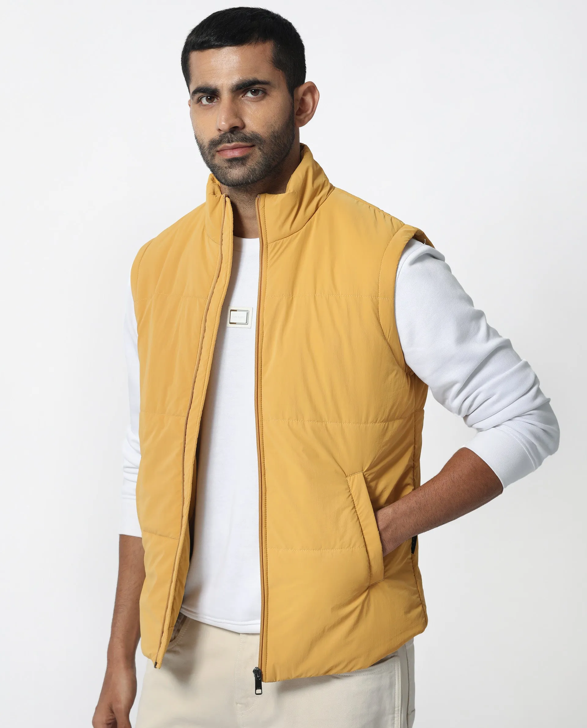 Rare Rabbit Men's Colson Yellow Jacket Quilted High Neck Sleeveless Puffer Jacket