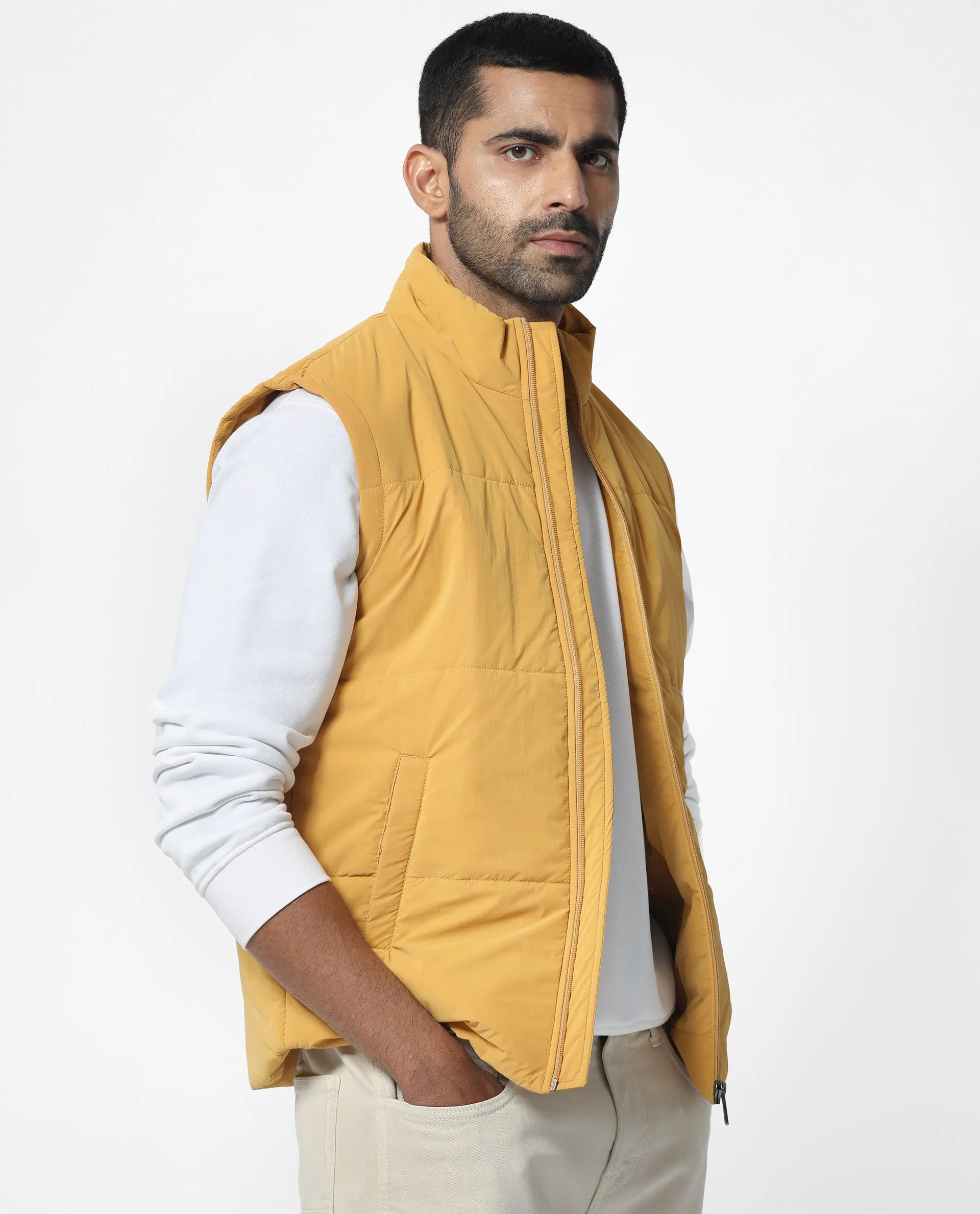 Rare Rabbit Men's Colson Yellow Jacket Quilted High Neck Sleeveless Puffer Jacket