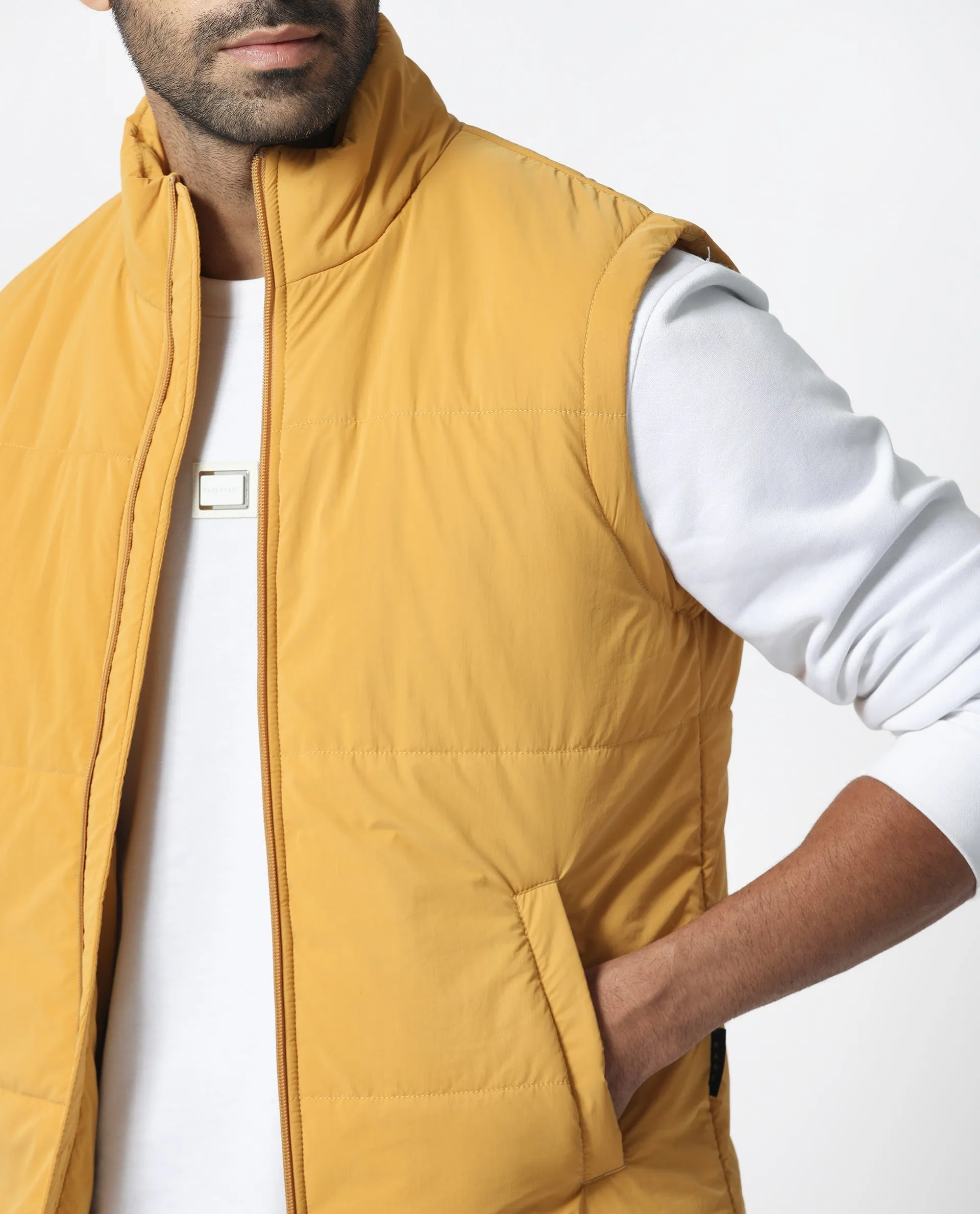 Rare Rabbit Men's Colson Yellow Jacket Quilted High Neck Sleeveless Puffer Jacket