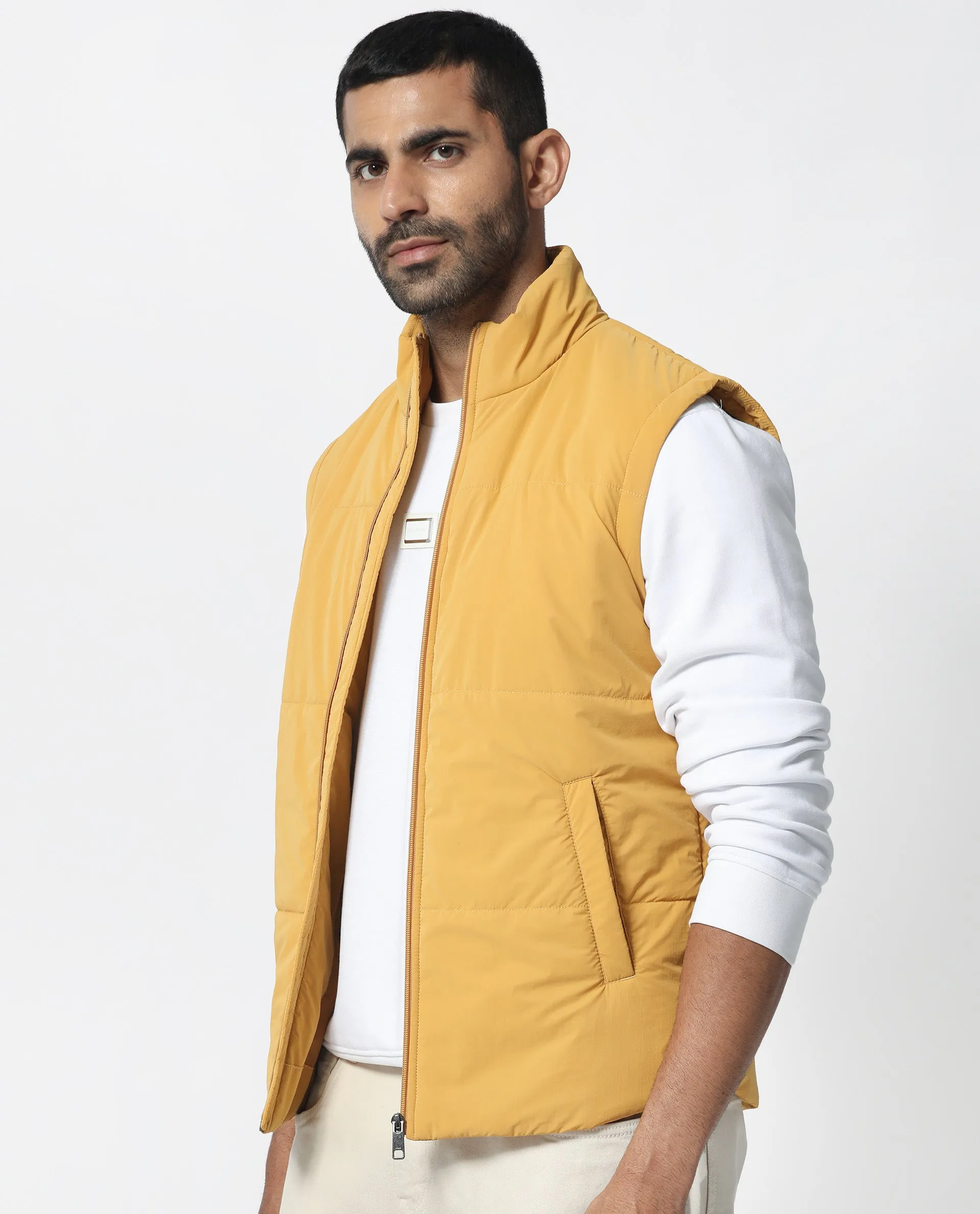 Rare Rabbit Men's Colson Yellow Jacket Quilted High Neck Sleeveless Puffer Jacket