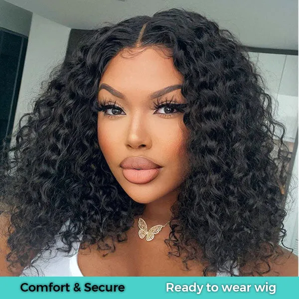Ready-to-wear Glueless Short Deep Wave HD Transparent Lace Wig With Pre-cut Lace & Pre Plucked Hairline & Bleached Knots