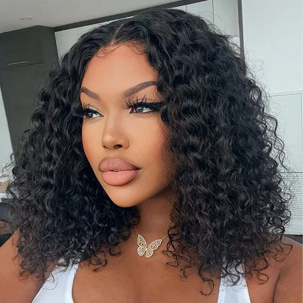 Ready-to-wear Glueless Short Deep Wave HD Transparent Lace Wig With Pre-cut Lace & Pre Plucked Hairline & Bleached Knots