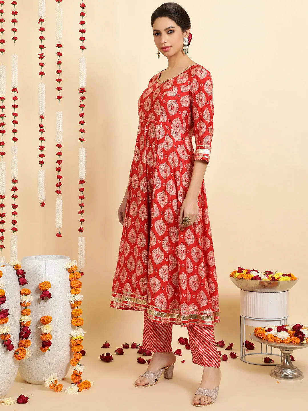Red Ethnic Motif Printed Anarkali Kurta Set With Dupatta