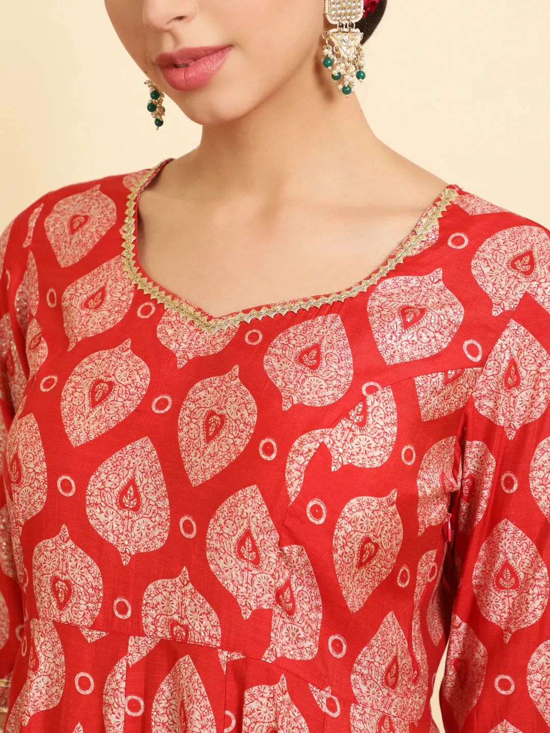 Red Ethnic Motif Printed Anarkali Kurta Set With Dupatta