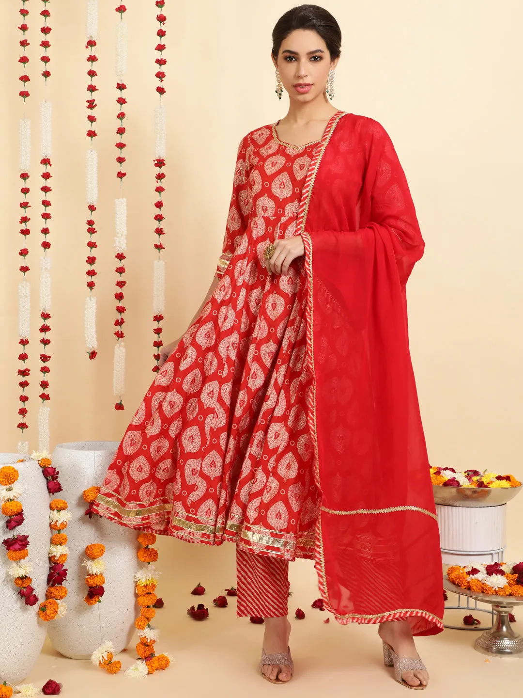 Red Ethnic Motif Printed Anarkali Kurta Set With Dupatta