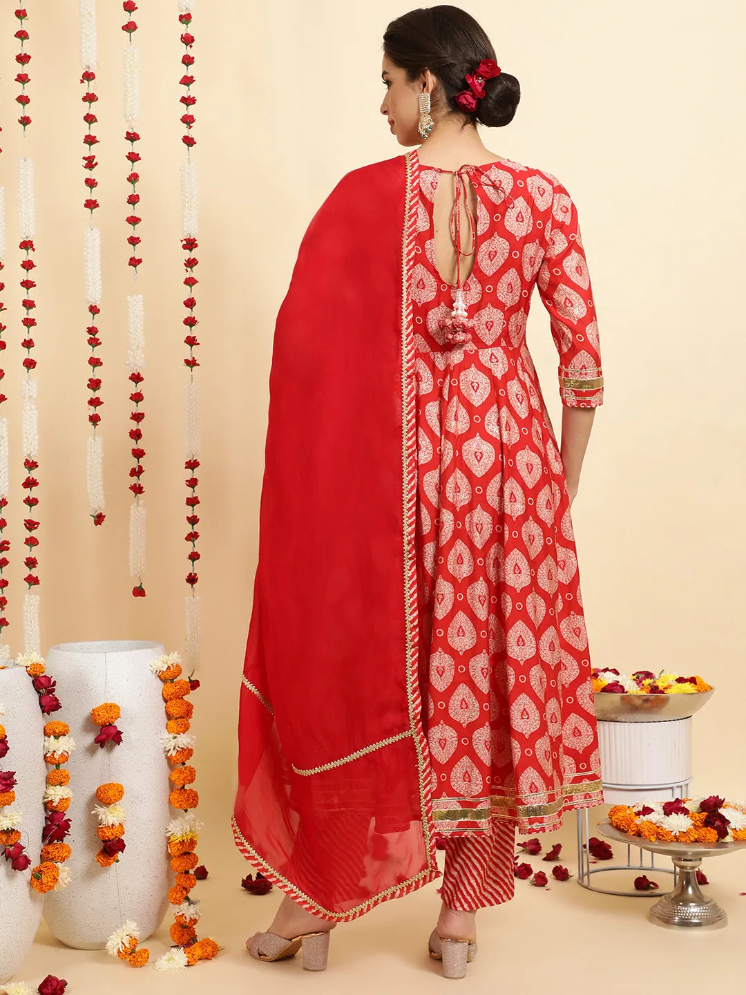 Red Ethnic Motif Printed Anarkali Kurta Set With Dupatta