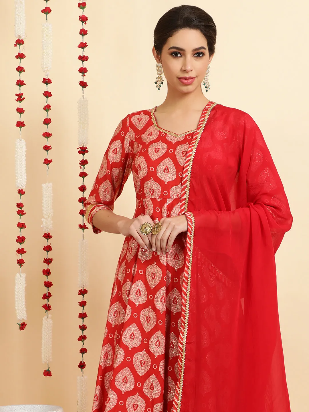 Red Ethnic Motif Printed Anarkali Kurta Set With Dupatta
