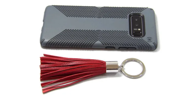 Red Lambskin Leather Tassel Keychain with Rhodium Plated Brass Top Free Gift Wrap