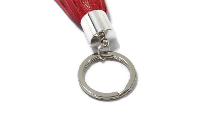 Red Lambskin Leather Tassel Keychain with Rhodium Plated Brass Top Free Gift Wrap