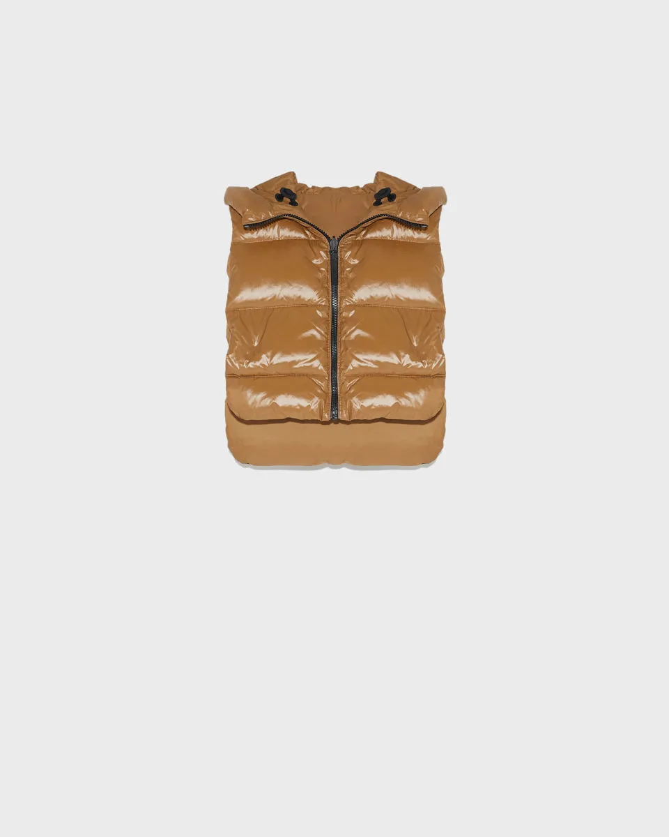 Reversible down-filled bib in matte and shiny water-repellent technical fabric