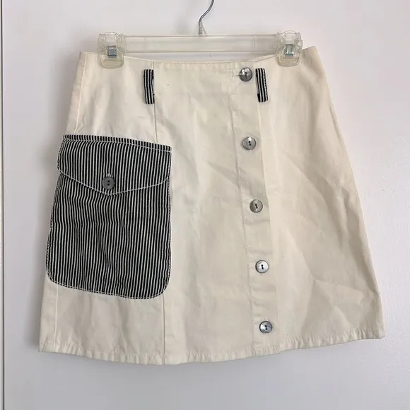 R.G. Kane White and Blue Button Pocket Patchwork Minimalist Skirt 6 28”