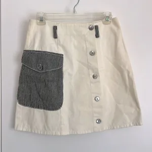 R.G. Kane White and Blue Button Pocket Patchwork Minimalist Skirt 6 28”