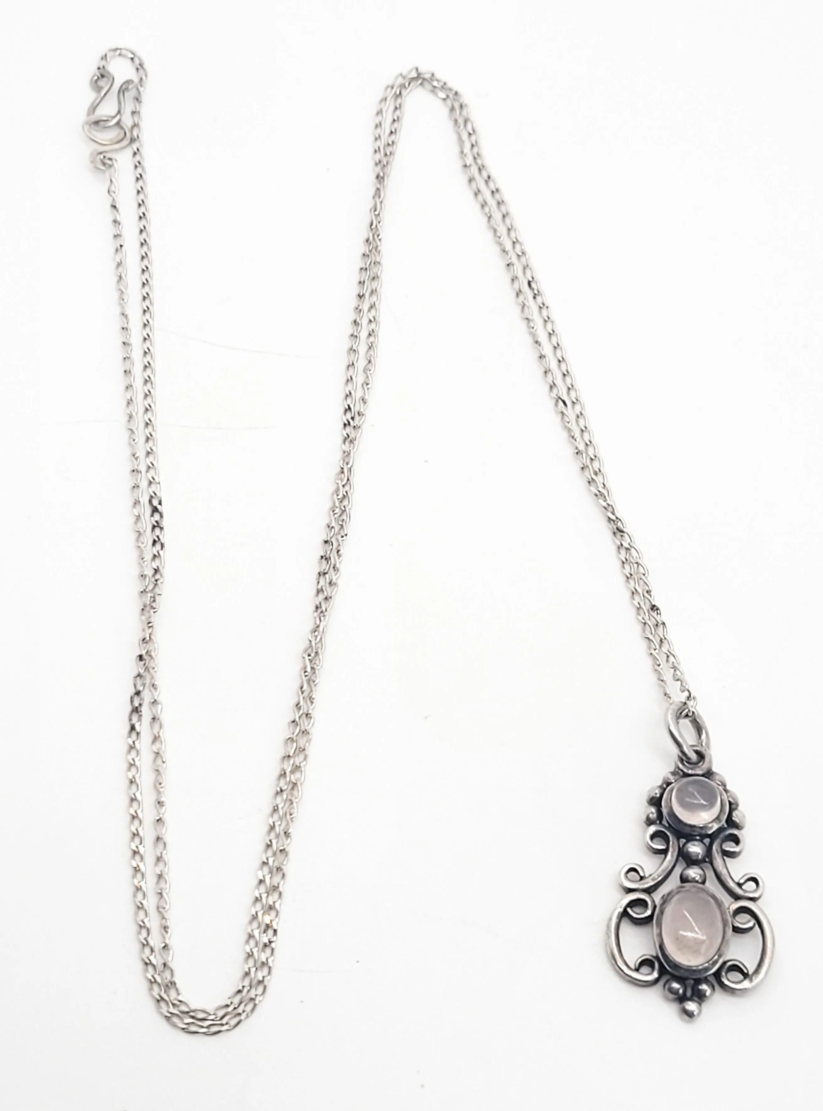 Rose Quartz tribal Bali Bohemian vintage sterling silver long 24 inch drop necklace