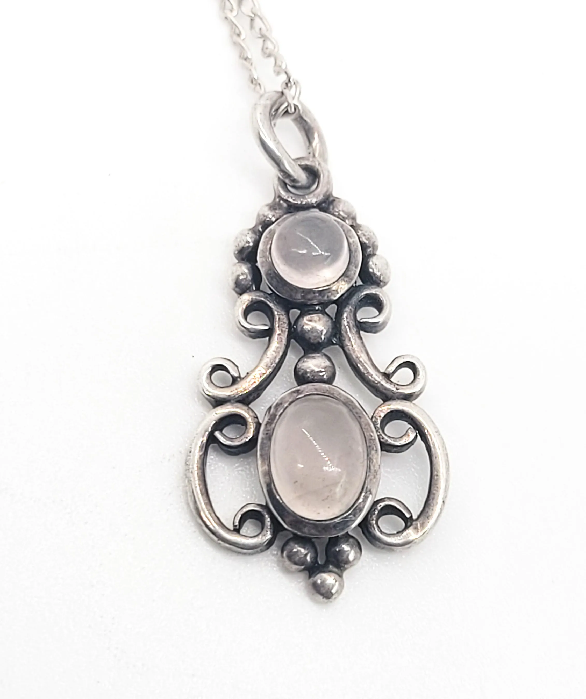 Rose Quartz tribal Bali Bohemian vintage sterling silver long 24 inch drop necklace