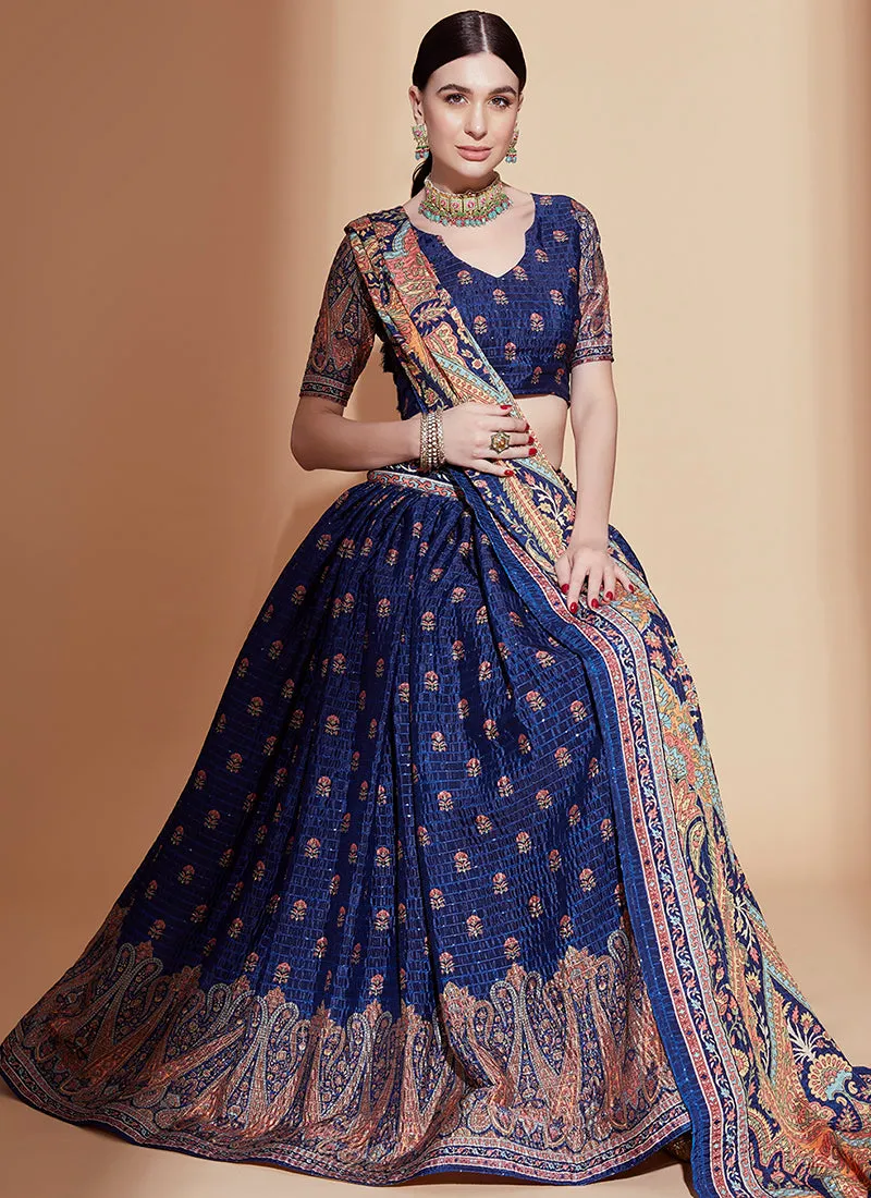 Royal Blue Crochet Embellished Digital Printed Lehenga Choli