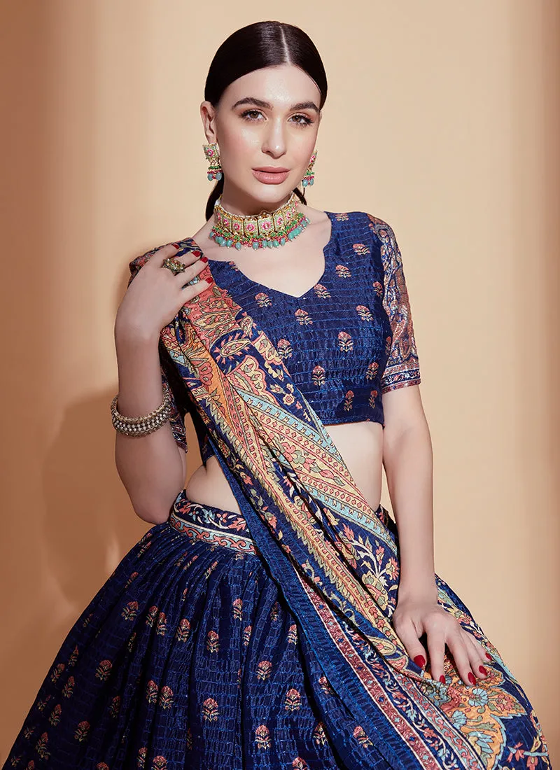 Royal Blue Crochet Embellished Digital Printed Lehenga Choli