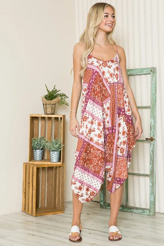 Rust Patchwork Boho Harem Jumpsuit