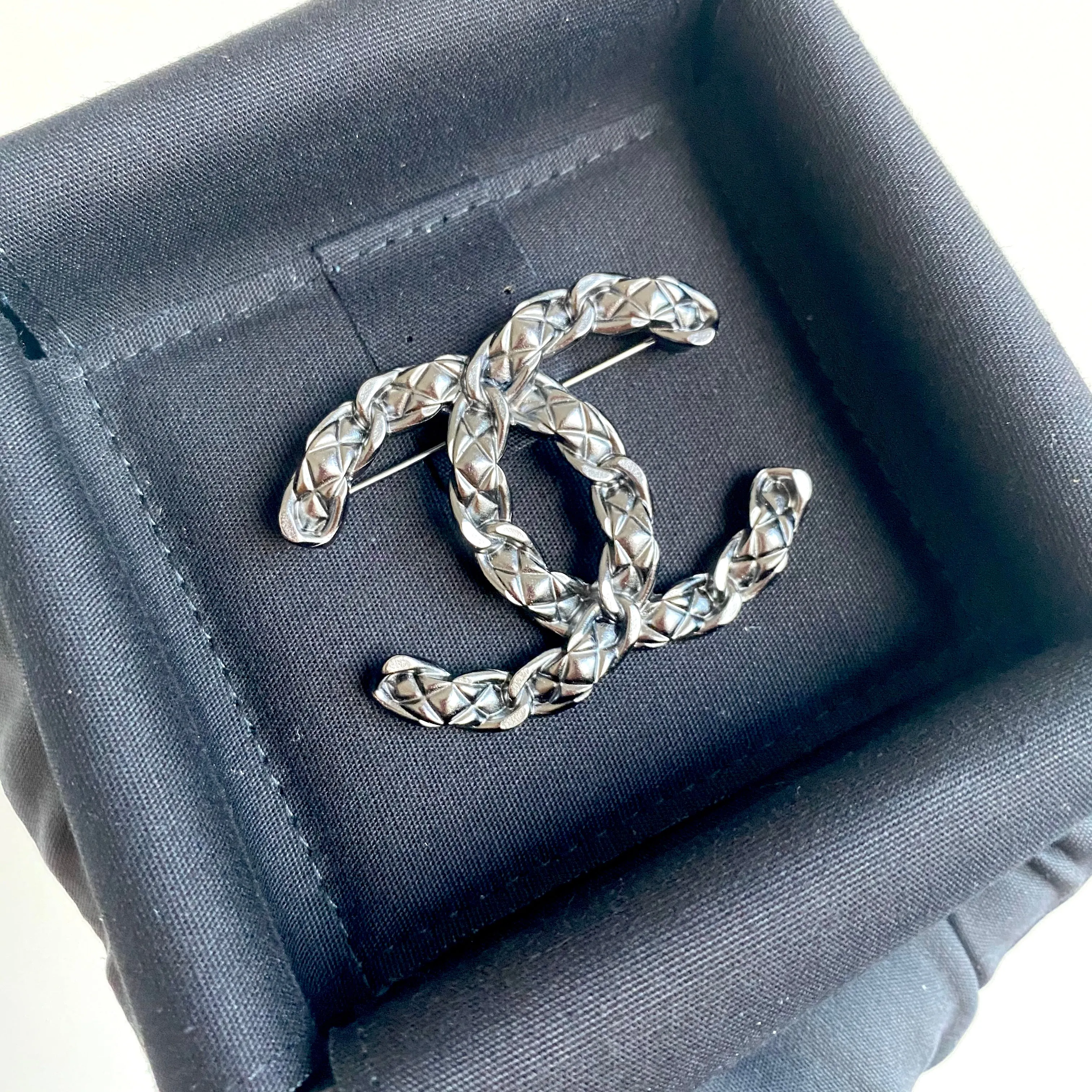 Ruthenium Quilted Leather Chain CC Logo Brooch