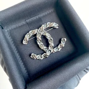 Ruthenium Quilted Leather Chain CC Logo Brooch