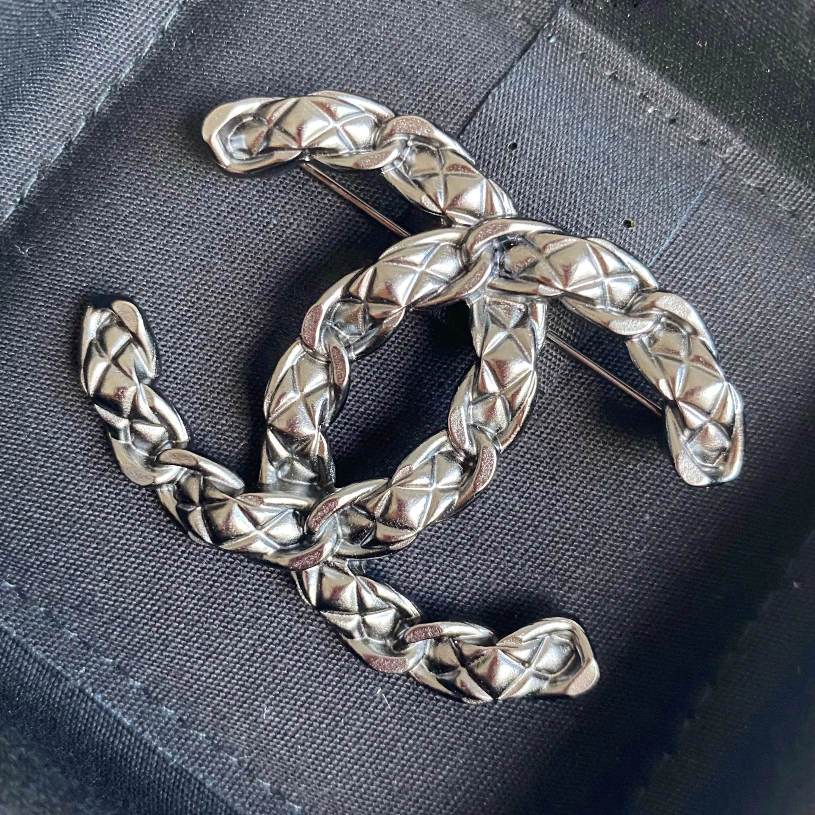 Ruthenium Quilted Leather Chain CC Logo Brooch