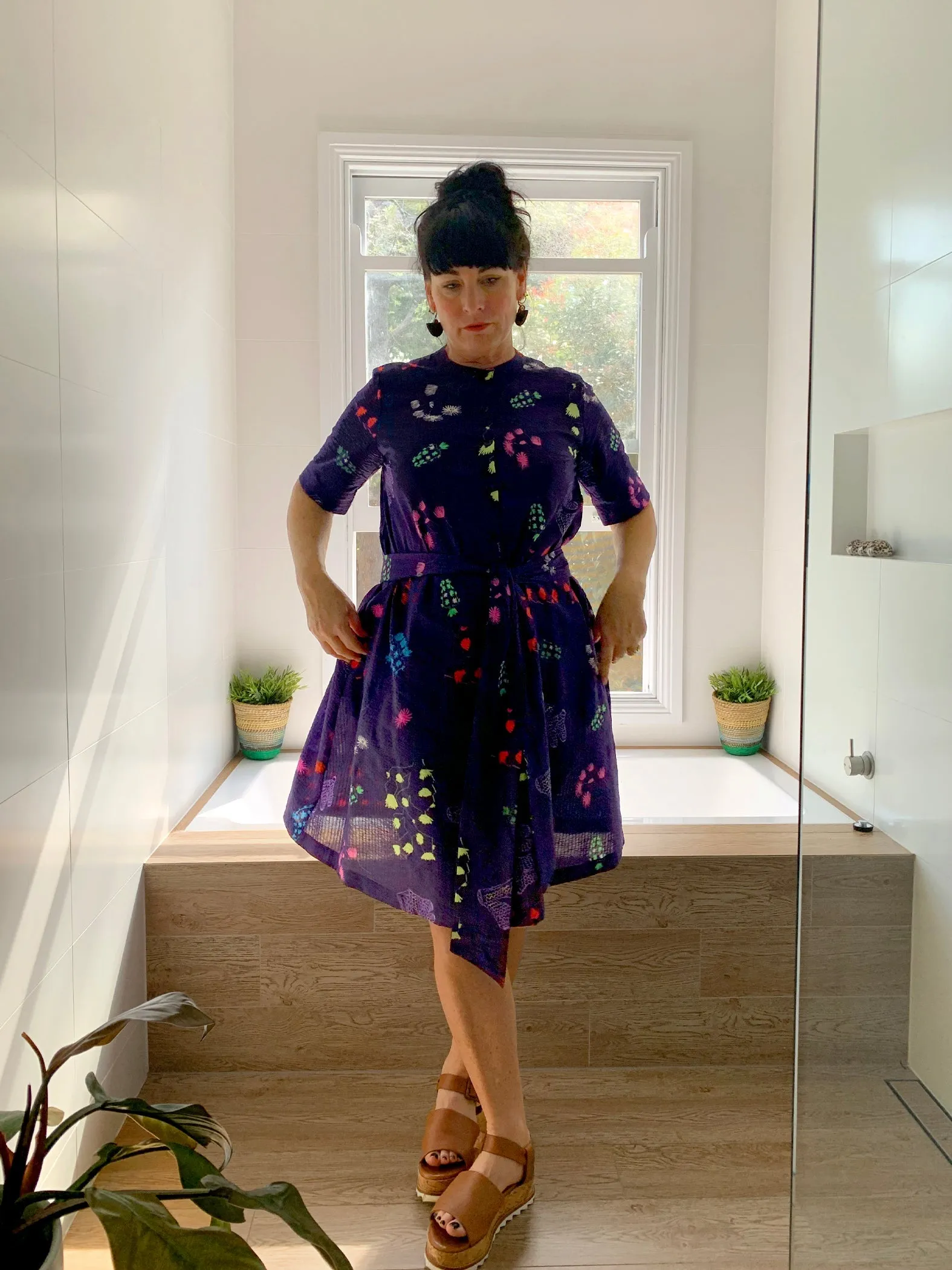 (SAMPLES) Orchid Cacti Glow 100% seersucker cotton dress with tie