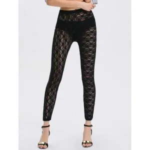 See-Through Lace Panel Bodycon Leggings - Black One Size