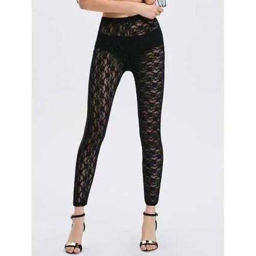See-Through Lace Panel Bodycon Leggings - Black One Size