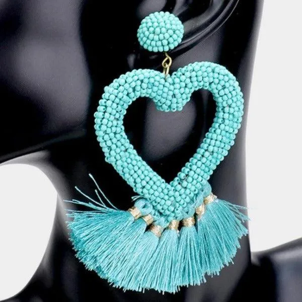 Seed Bead Heart Blue Tassel Earrings