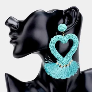 Seed Bead Heart Blue Tassel Earrings