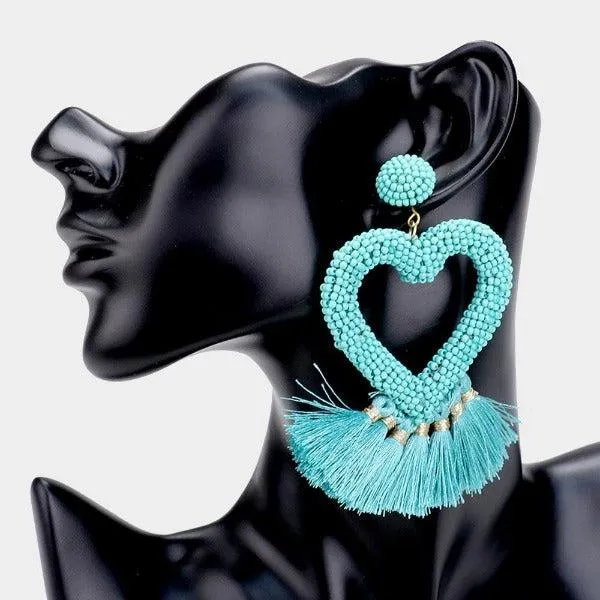 Seed Bead Heart Blue Tassel Earrings