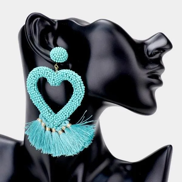 Seed Bead Heart Blue Tassel Earrings