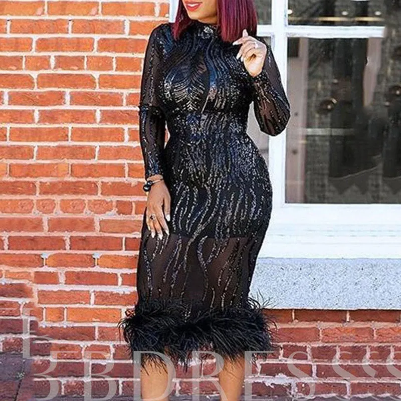 Sequins Long Sleeve Sheer Mesh Feather Patchwork Party Evening Dress