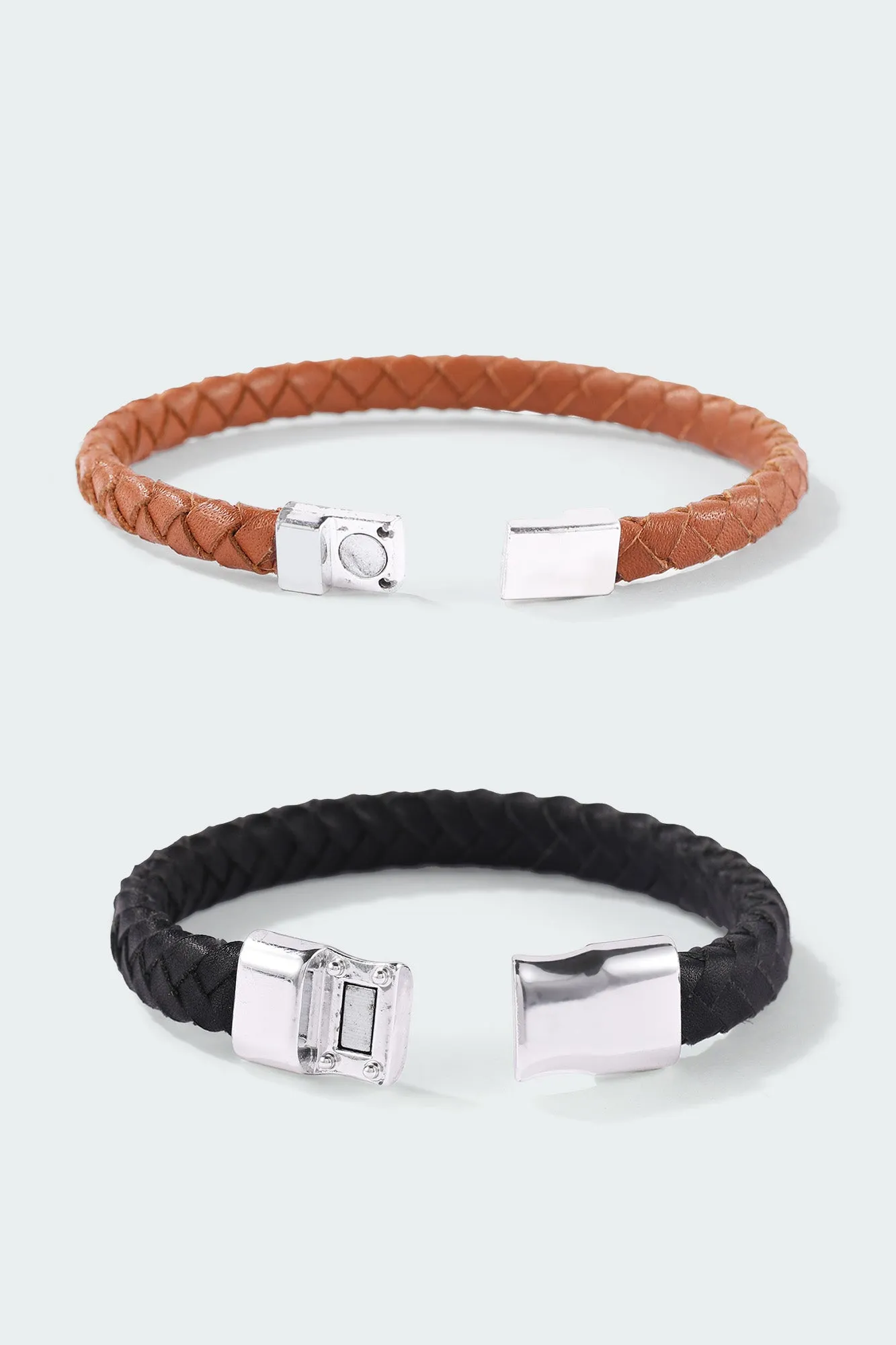 Set of 2: Black Braided Leather Bracelet