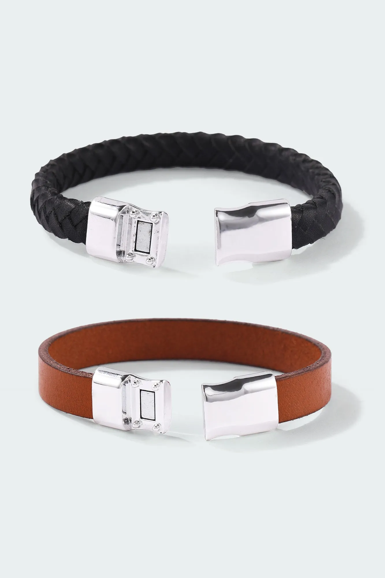 Set of 2: Black Braided Leather Bracelet