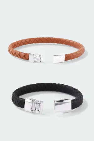 Set of 2: Black Braided Leather Bracelet