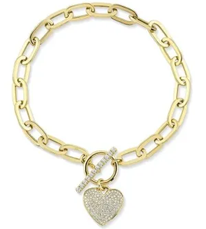 Shy Creation 14K Yellow Gold Pave Heart Paperclip Bracelet