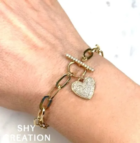 Shy Creation 14K Yellow Gold Pave Heart Paperclip Bracelet