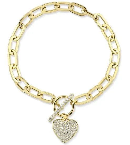 Shy Creation 14K Yellow Gold Pave Heart Paperclip Bracelet