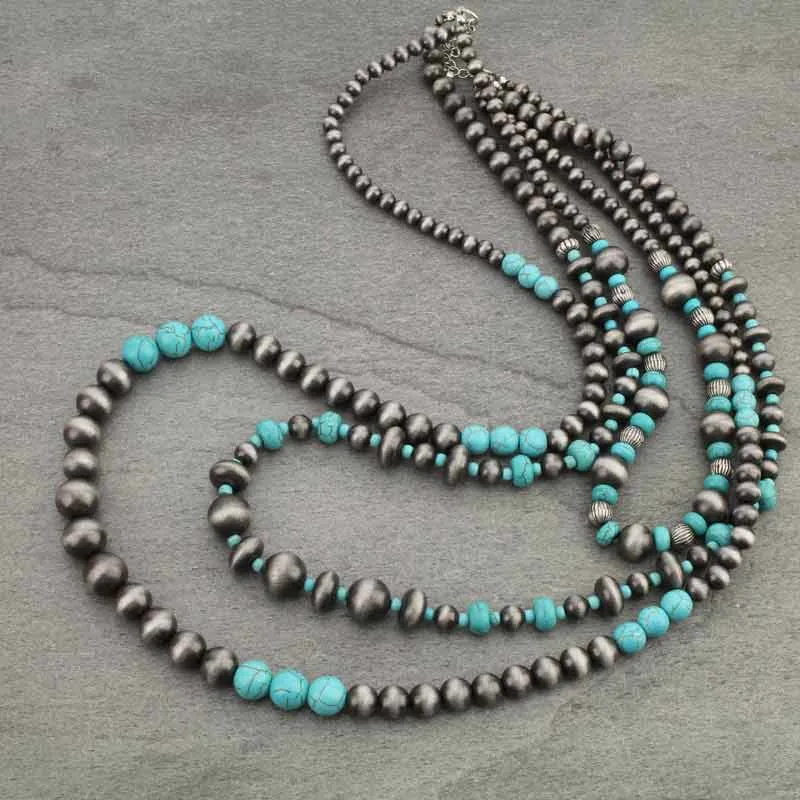 Silver & Turquoise Three 3 Strand Long Layered Necklace
