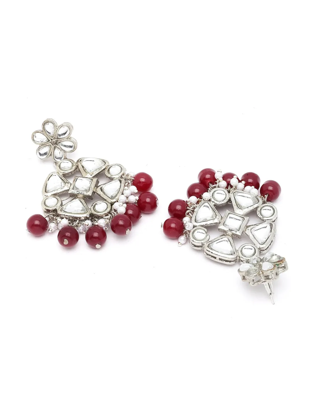 Silver-Plated & Red Beads Kundan Studded Jewellery Set
