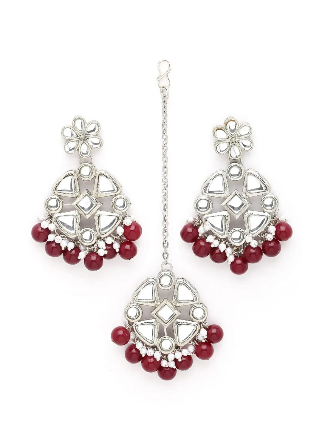 Silver-Plated & Red Beads Kundan Studded Jewellery Set