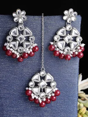 Silver-Plated & Red Beads Kundan Studded Jewellery Set