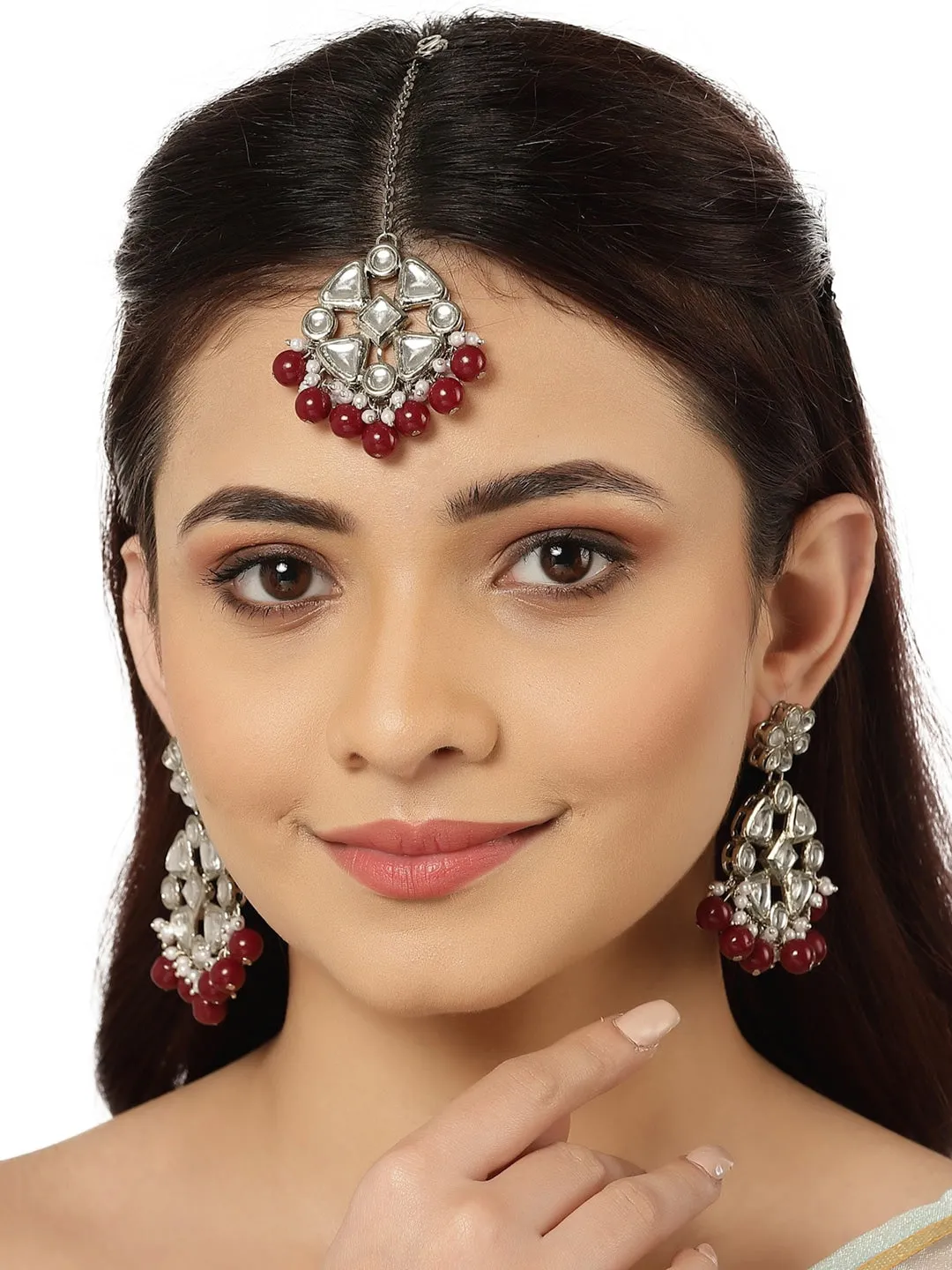 Silver-Plated & Red Beads Kundan Studded Jewellery Set
