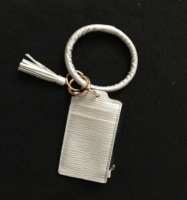 Silver Tassel Leather Credit Card Wristlet