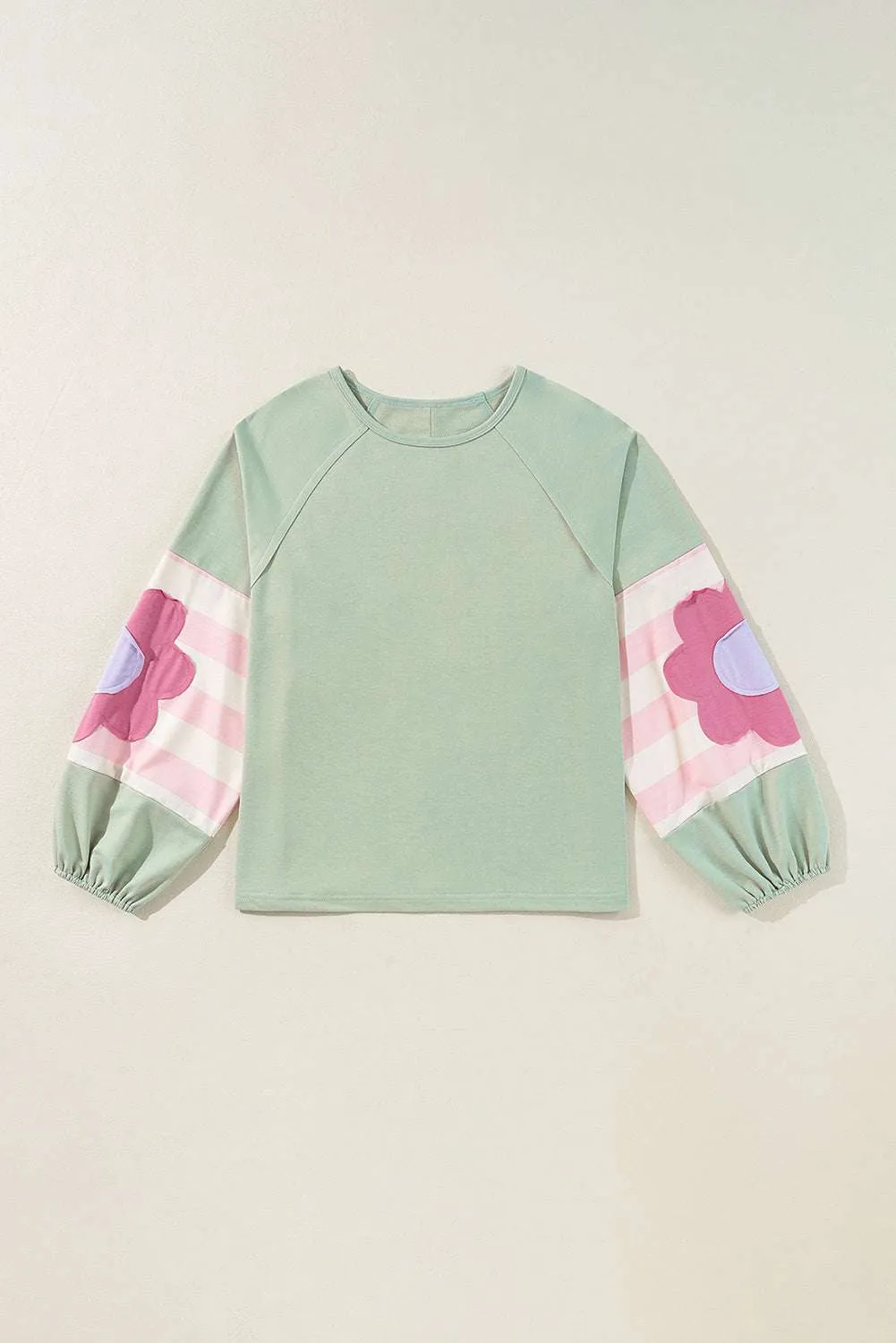 Smoke Green Flower Patchwork Exposed Seam Raglan Sleeve Top