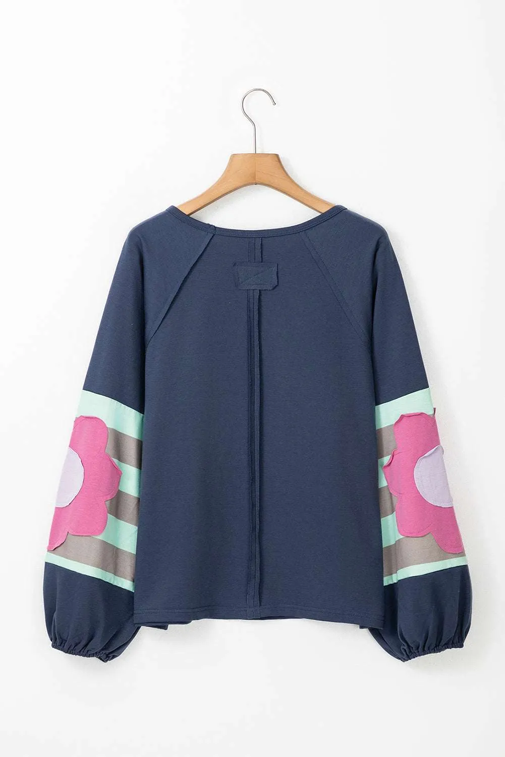 Smoke Green Flower Patchwork Exposed Seam Raglan Sleeve Top