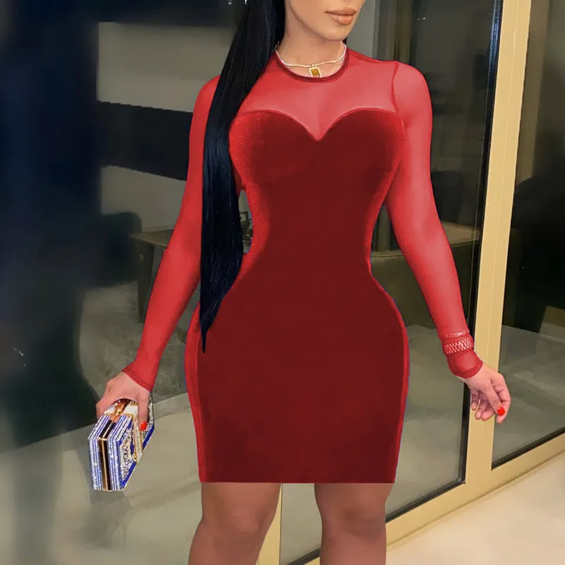 Solid V-Neck Velvet Sheer Mesh Patchwork Long Sleeve Dress